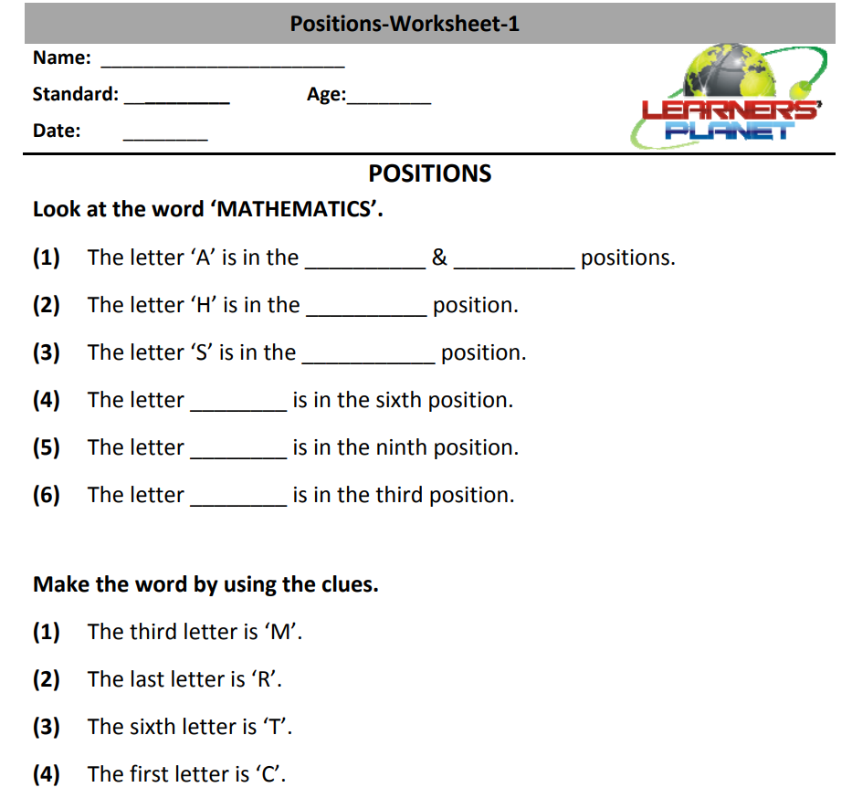 Maths position worksheets primary resources
